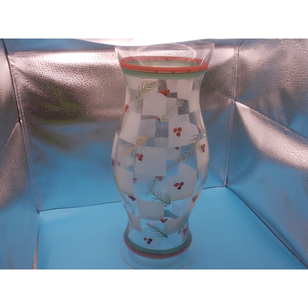 Holiday Frosted Checkerboard Glass Vase Pine Needle Berry Christmas Decor 13in